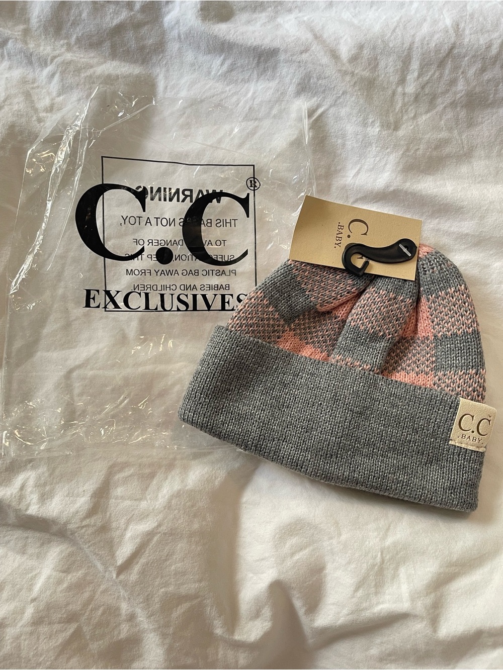 C.C Baby Pink and Gray Knit Beanie for Baby